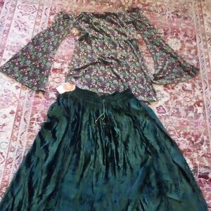 Romantic Gypsy Boho Floral Bell Sleeve Top & Green Velvet Skirt